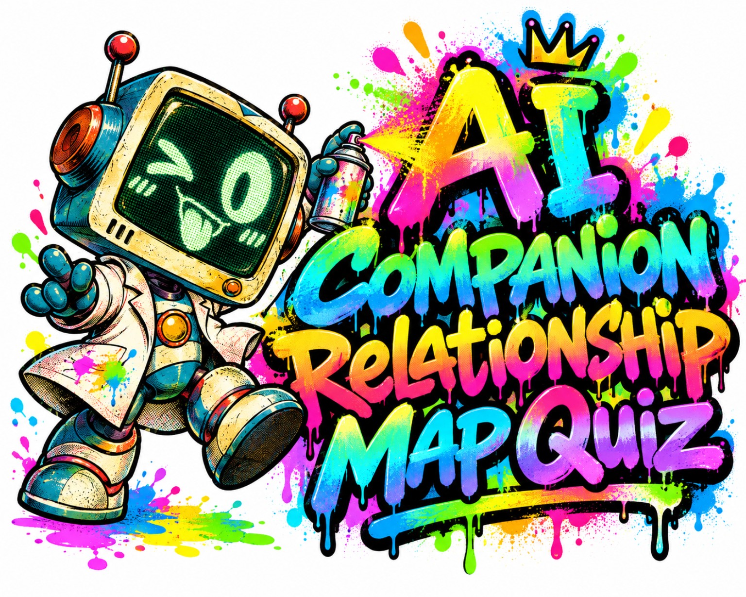 AI Companion Relationship Map Quiz in neon graffiti lettering beside a smiling robot
